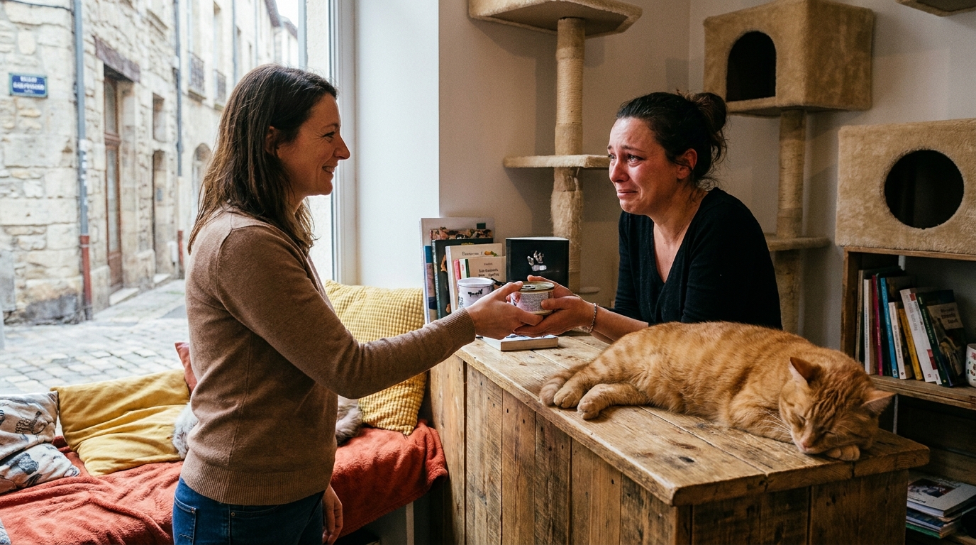 Une cliente tend une boîte de pâtée à la propriétaire d'un café à chats, un chat roux dormant sur le comptoir à côté d'elle.