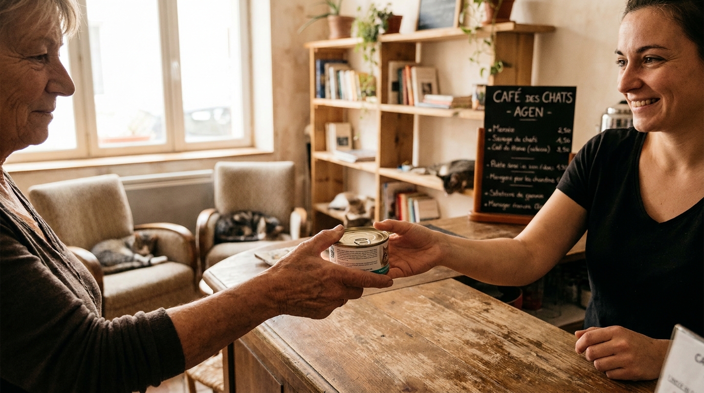 Une cliente au grand cœur tend une boîte de pâtée à la gérante d'un café à chats, avec des félins se prélassant en arrière-plan.