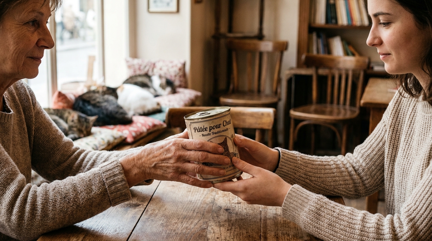 Une cliente tend une boîte de pâtée à la gérante d'un café à chats, témoignant de la solidarité des habitants pour sauver le lieu.