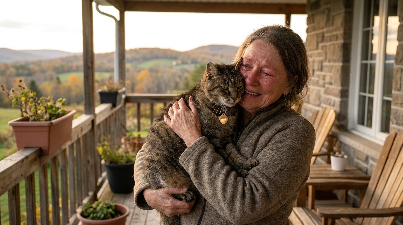 Une femme émue serre dans ses bras son chat retrouvé après quatre ans d'absence, le collier de l'animal est visible.