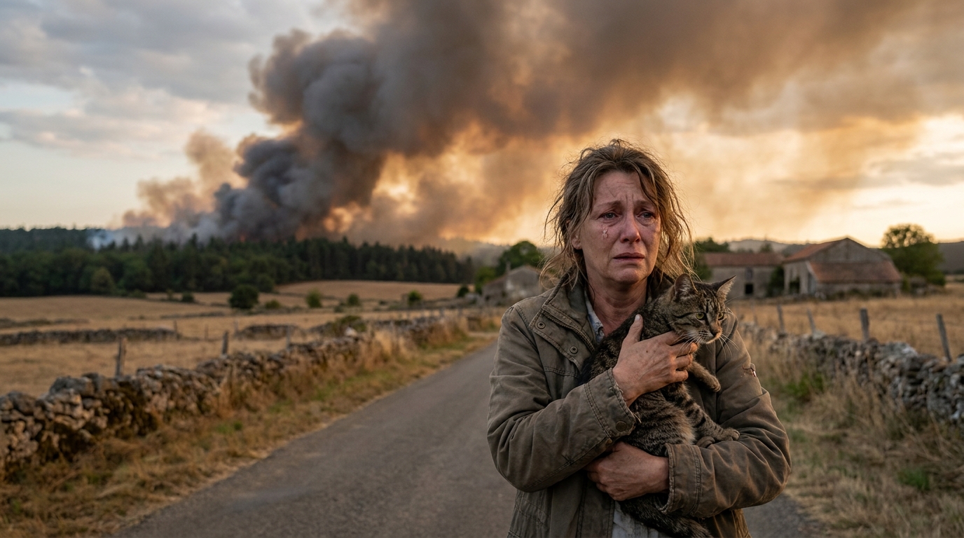 Une femme angoissée serre son chat dans ses bras au bord d'une route, avec la fumée d'un violent incendie en arrière-plan en Maine-et-Loire.