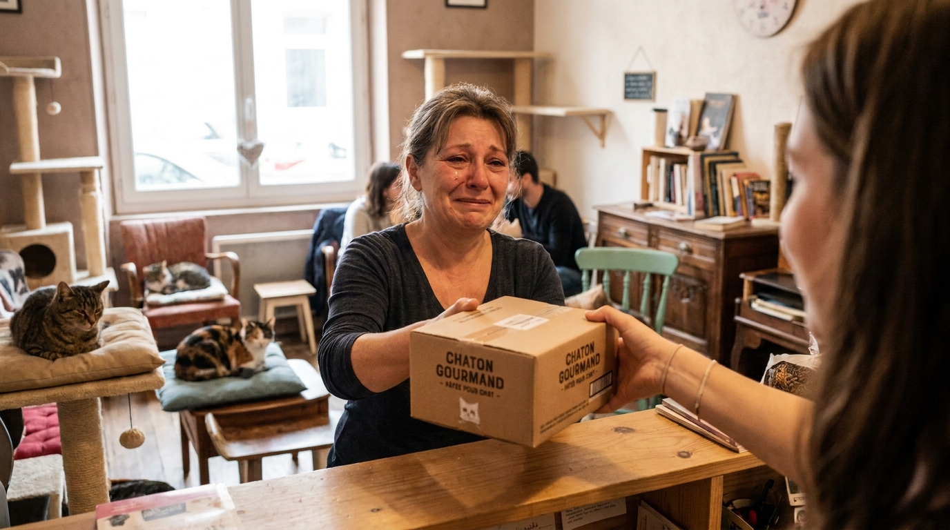 Un chat tigré assis sur une table en bois dans un café cosy, recevant délicatement une friandise de la main d'une femme.