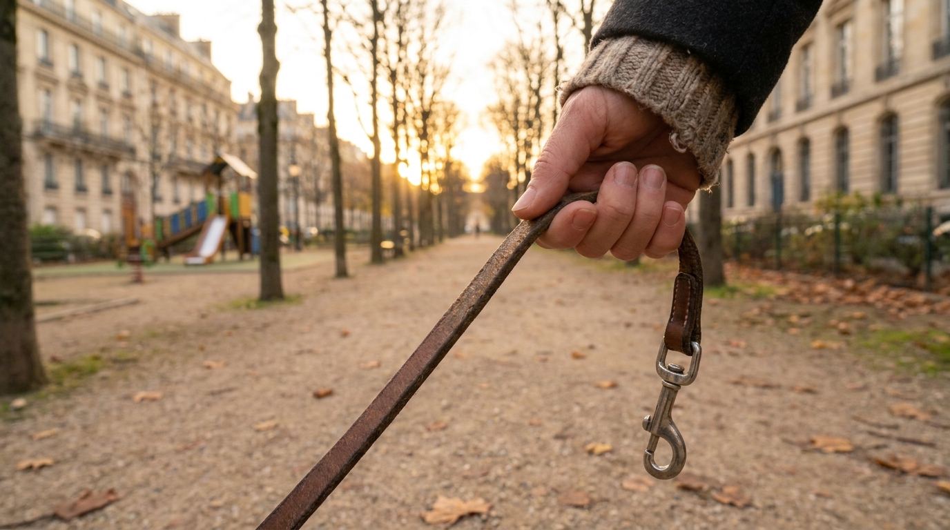 Une femme tient une laisse vide dans un parc, symbolisant la perte tragique de son chien après une attaque mortelle.
