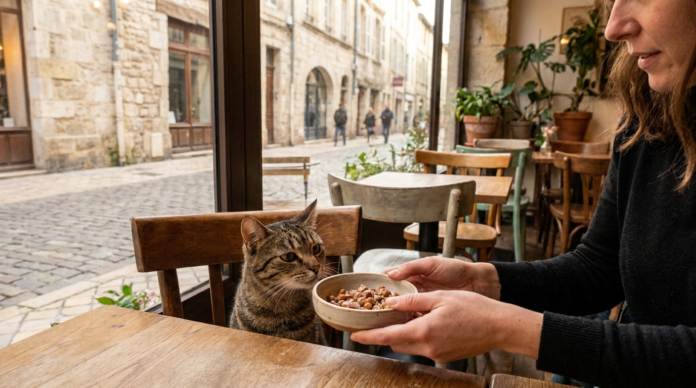 Un chat roux et blanc regarde avec tendresse une main humaine lui présentant une gamelle de pâtée dans l'ambiance chaleureuse d'un café.