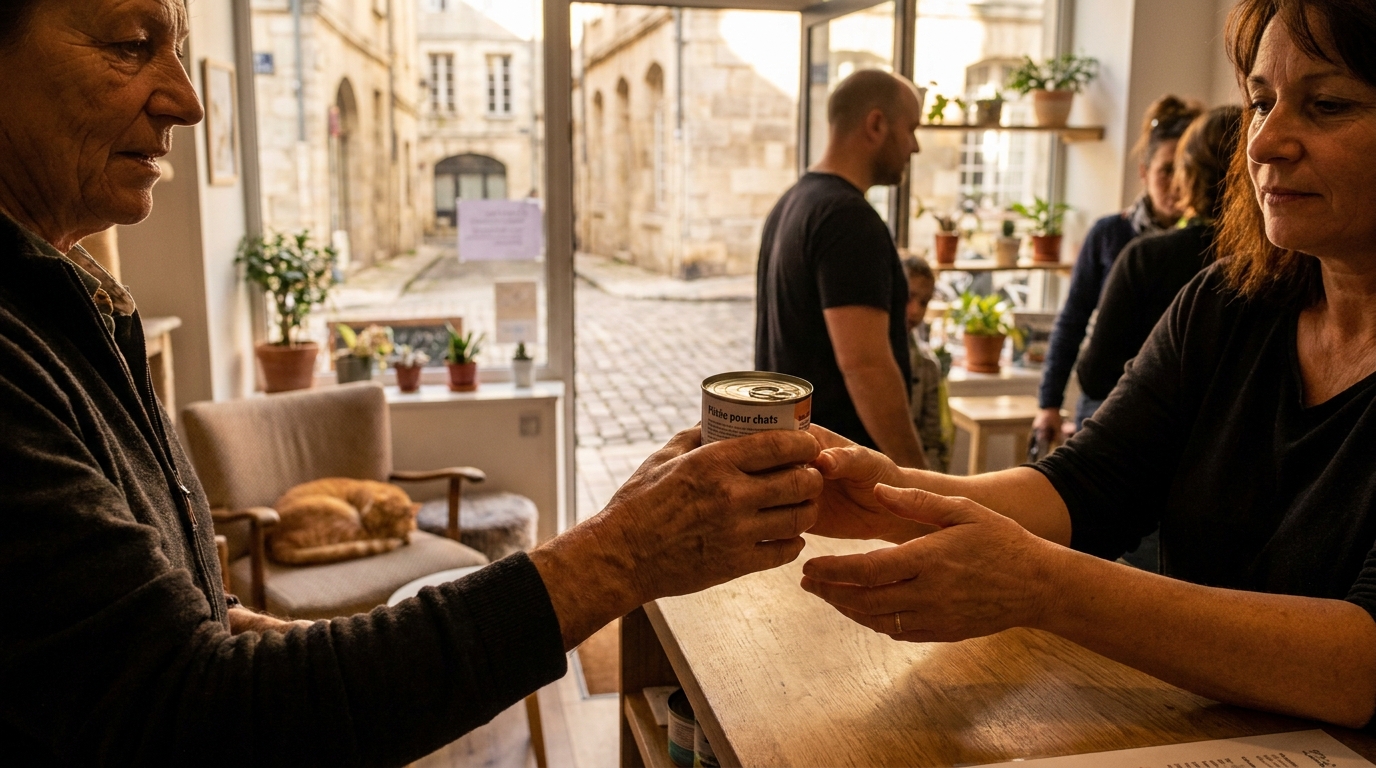 Une cliente tend une boîte de pâtée à la gérante d'un café à chats, avec des félins se prélassant à l'arrière-plan dans un décor chaleureux.