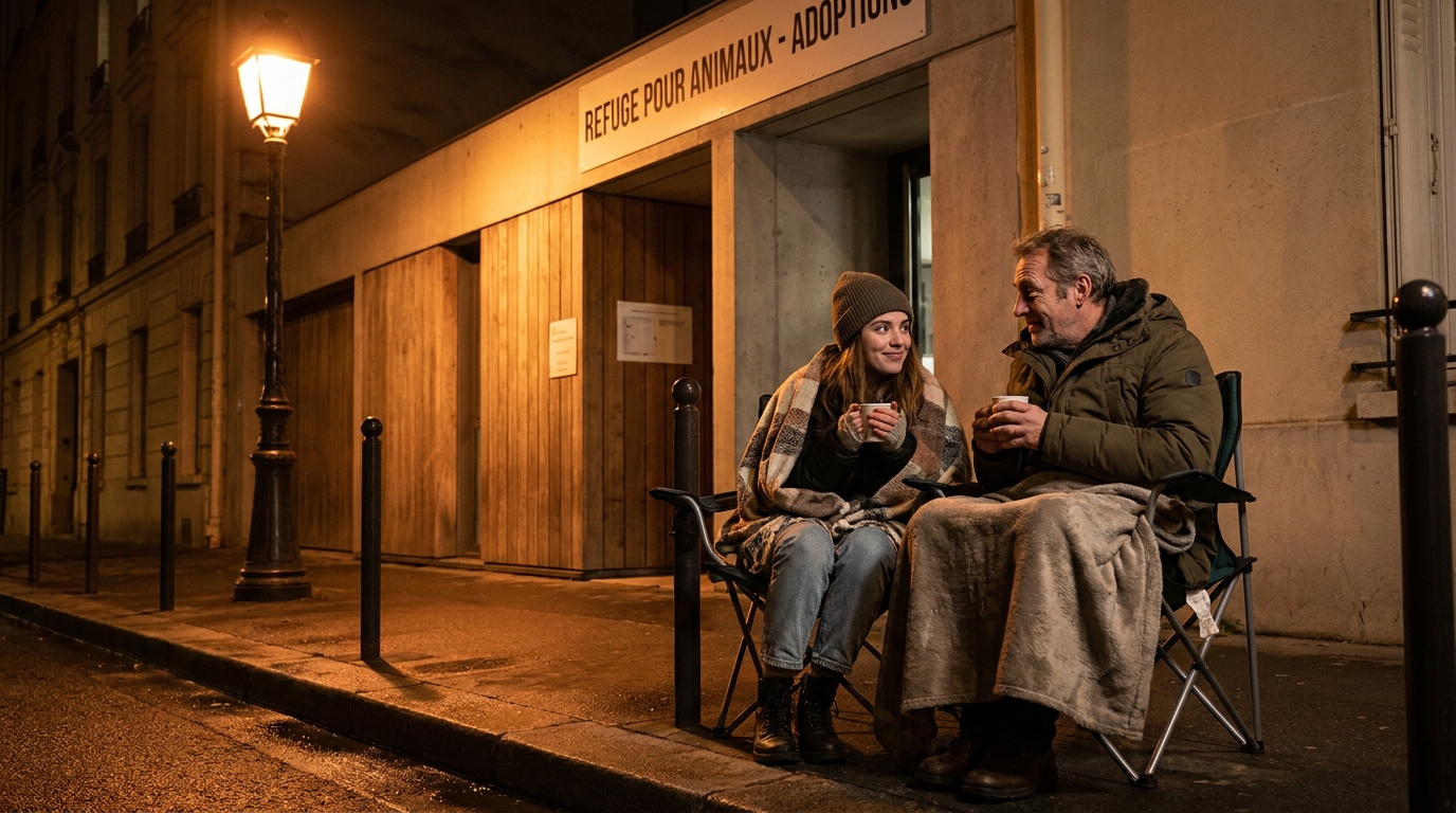 Une jeune femme et son père assis sur des chaises pliantes la nuit devant la porte d'un refuge, unis dans l'attente d'une adoption.