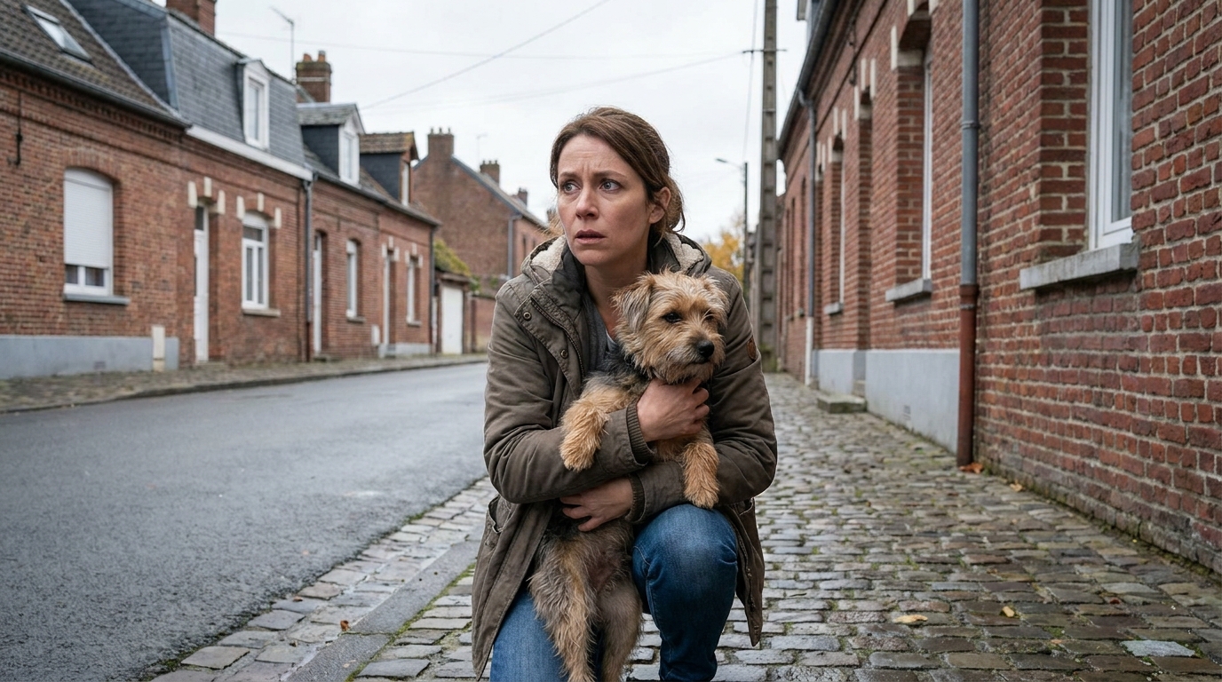 Une femme dans une rue française est agenouillée au sol et serre son petit chien dans ses bras pour le protéger d'un danger imminent.