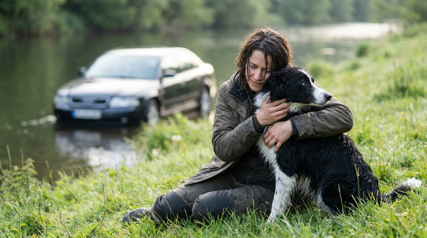 Une femme assise sur l'herbe au bord d'une rivière serre son chien dans ses bras, tous deux semblant soulagés après un grand danger.