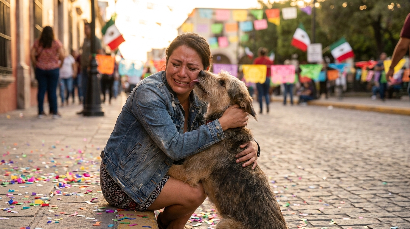 Une propriétaire émue serre son chien dans ses bras dans une rue animée du Mexique, symbolisant des retrouvailles heureuses.