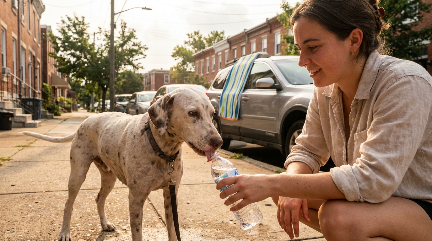 Une jeune femme donne à boire à un Dalmatien amaigri et épuisé, assis sur un trottoir sous un soleil de plomb.