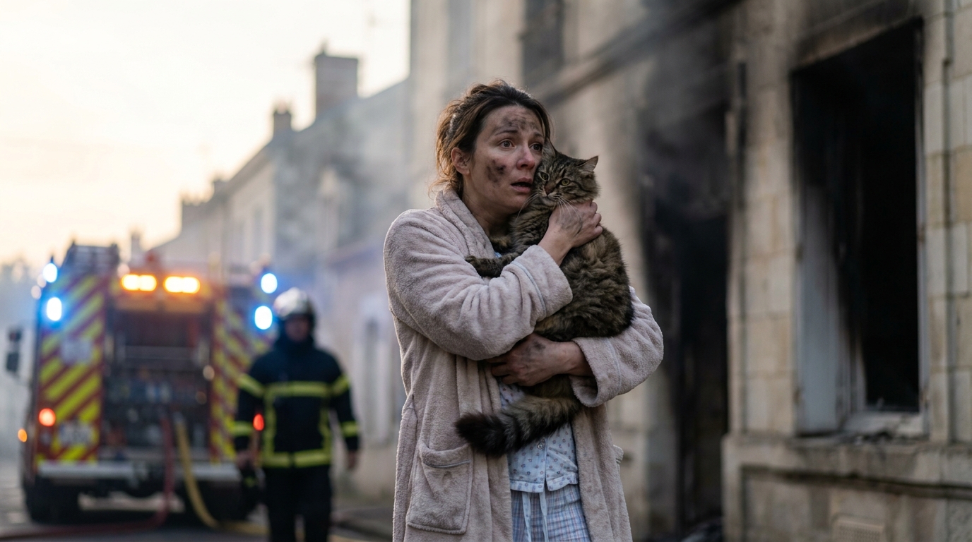 Une infirmière en pyjama tient son chat près de son visage, l'air soulagée et choquée, devant une maison française d'où s'échappe de la fumée.