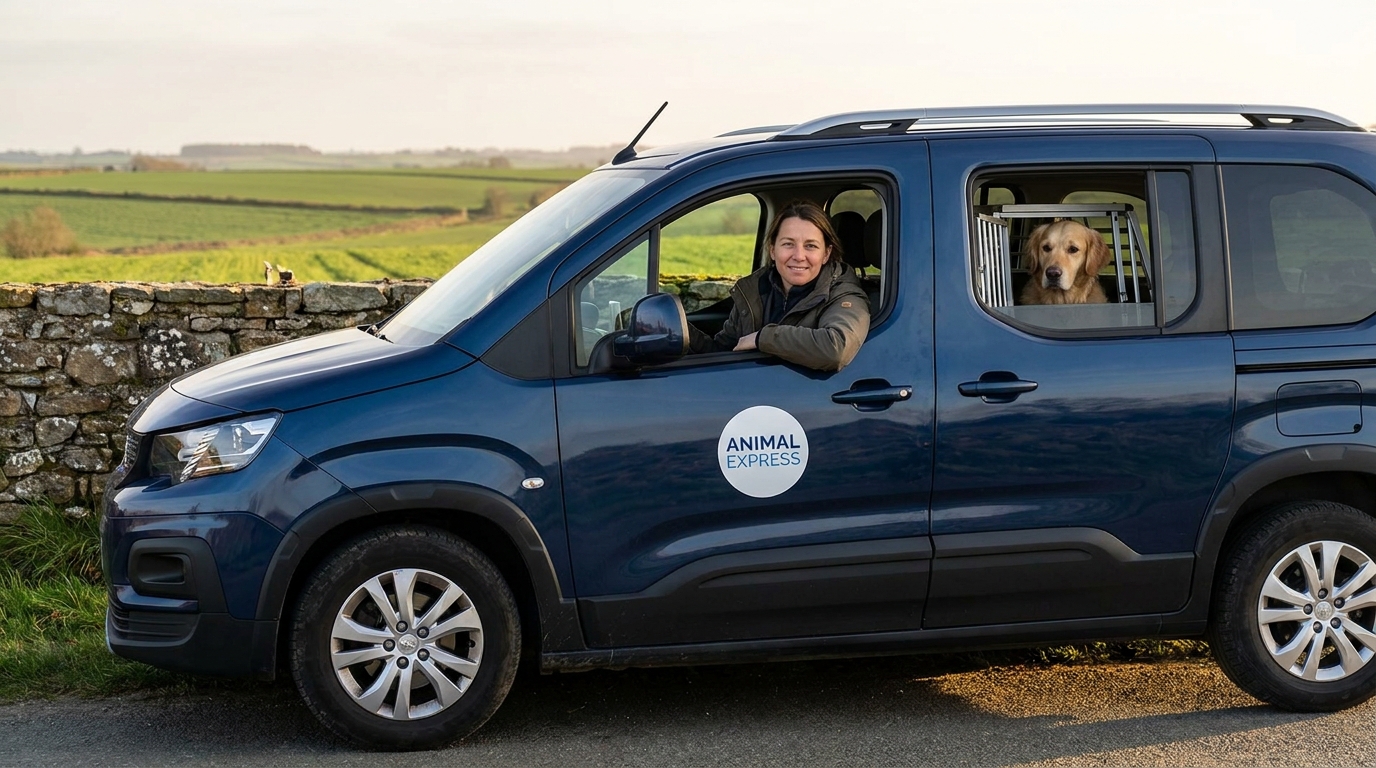 Une femme souriante au volant de son véhicule aménagé pour le transport d'animaux, un chien est visible à l'arrière dans une cage de transport.