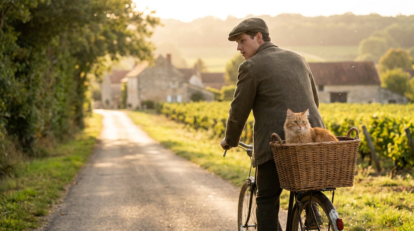 Figue, un chat roux, confortablement installé dans le panier d'un vélo, regarde le paysage pendant un voyage avec son maître.