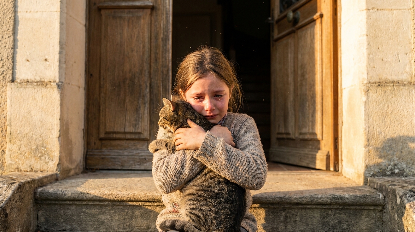 Une petite fille émue serre très fort son chat tigré dans ses bras après l'avoir retrouvé sur le perron de sa maison.