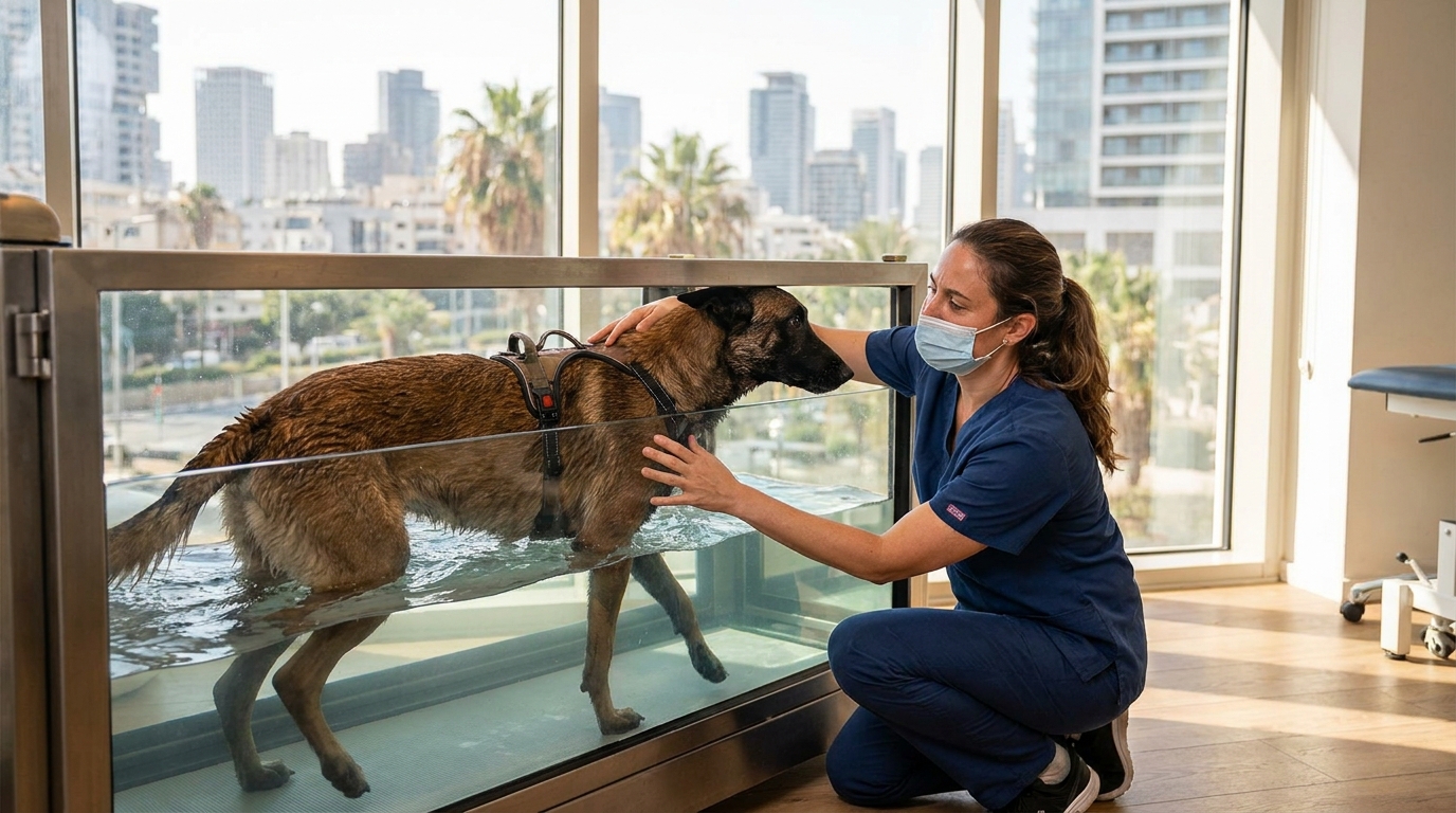 Un chien de type Malinois couché sur un tapis de rééducation, entouré de matériel médical dans une salle d'hôpital.