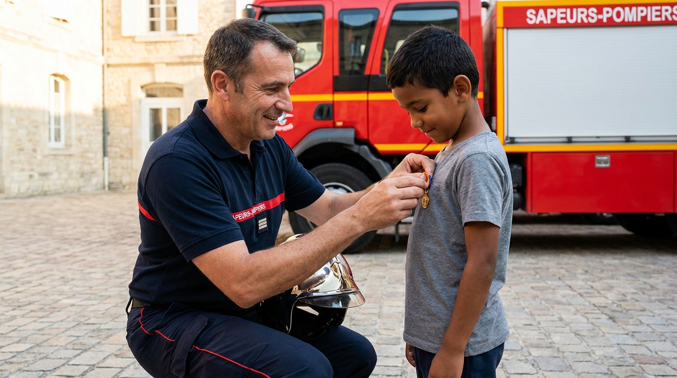 Un jeune garçon de 9 ans regarde avec fierté un sapeur-pompier français qui lui remet symboliquement une médaille devant une caserne.