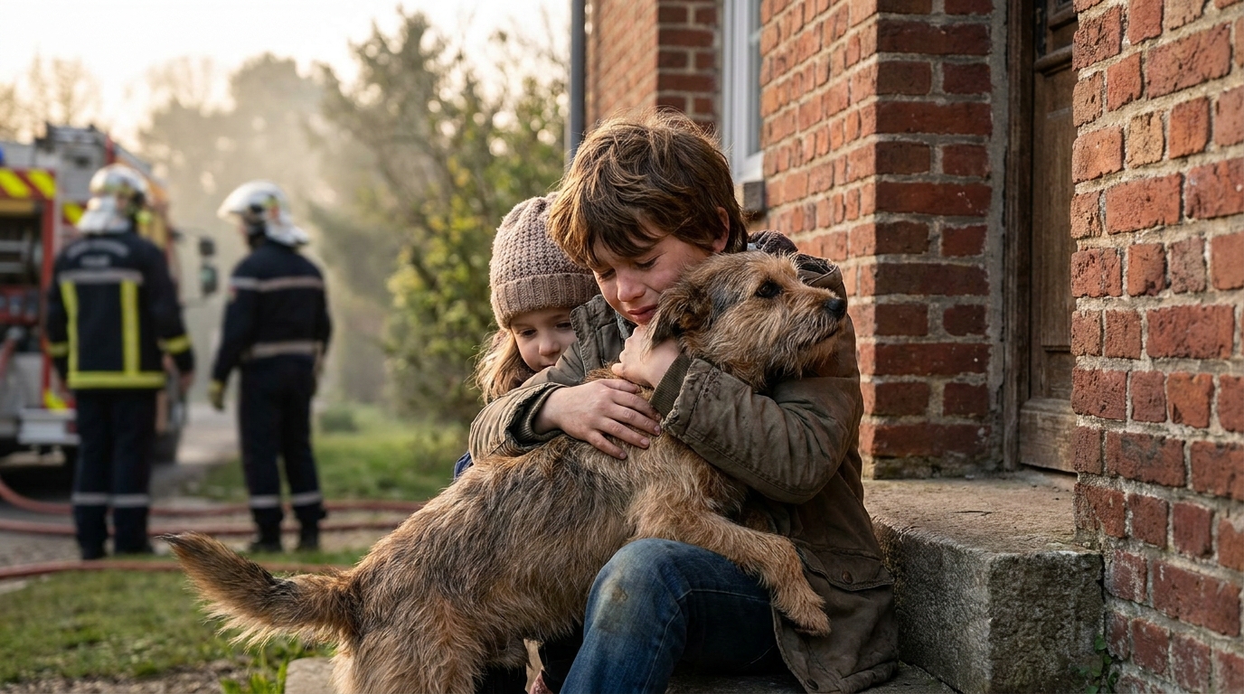 Un jeune garçon de 9 ans, Gabin, décoré pour avoir sauvé sa sœur et son chien d'un incendie, regardant son chien avec affection.