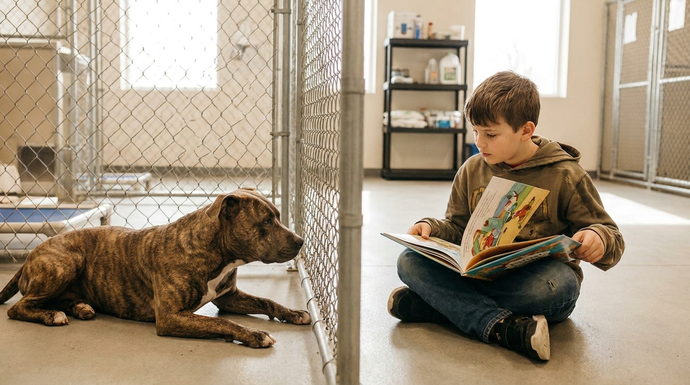 Un jeune garçon est assis par terre devant un enclos et lit un livre à un chien attentif qui le regarde à travers la grille d'un refuge.