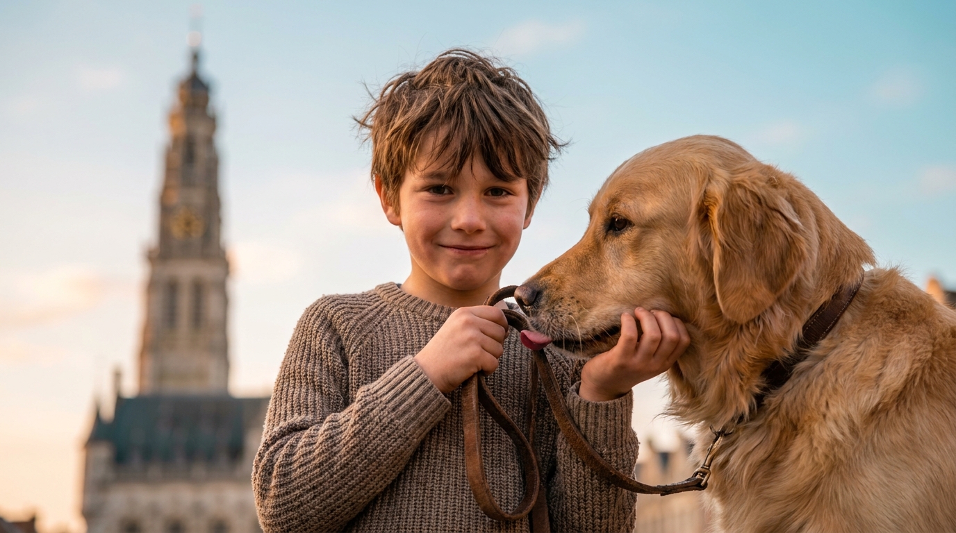 Un jeune garçon blond de 9 ans sourit timidement en tenant la laisse de son chien, un Golden Retriever, devant le beffroi d'Arras.
