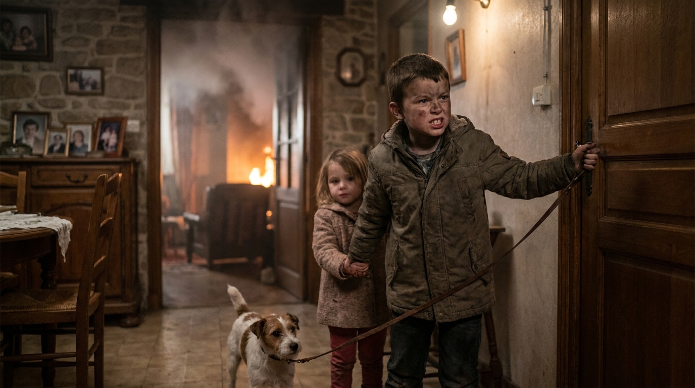 Un jeune garçon de 9 ans, au visage déterminé, protège sa petite sœur et son chien alors que la fumée envahit leur maison en France.