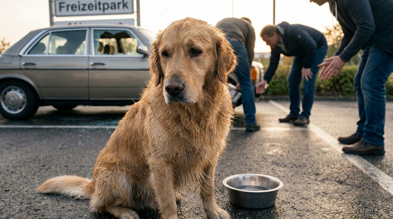 Un golden retriever l'air épuisé mais sauf après avoir été secouru d'une voiture brûlante sur un parking.
