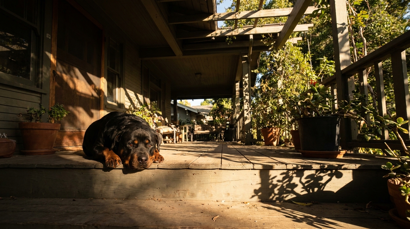 Un grand chien de race Rottweiler au regard doux est couché sagement sur le porche ombragé d'une maison.