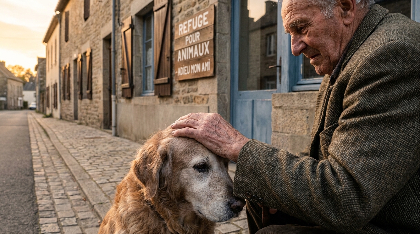 Un homme âgé caresse tendrement son vieux chien devant l'entrée d'un refuge pour animaux, une scène poignante d'adieu.