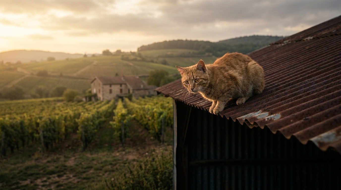 Un chat attend sur le toit d'un hangar dans le Beaujolais, illustrant le drame d'un homme qui a chuté pour le sauver.