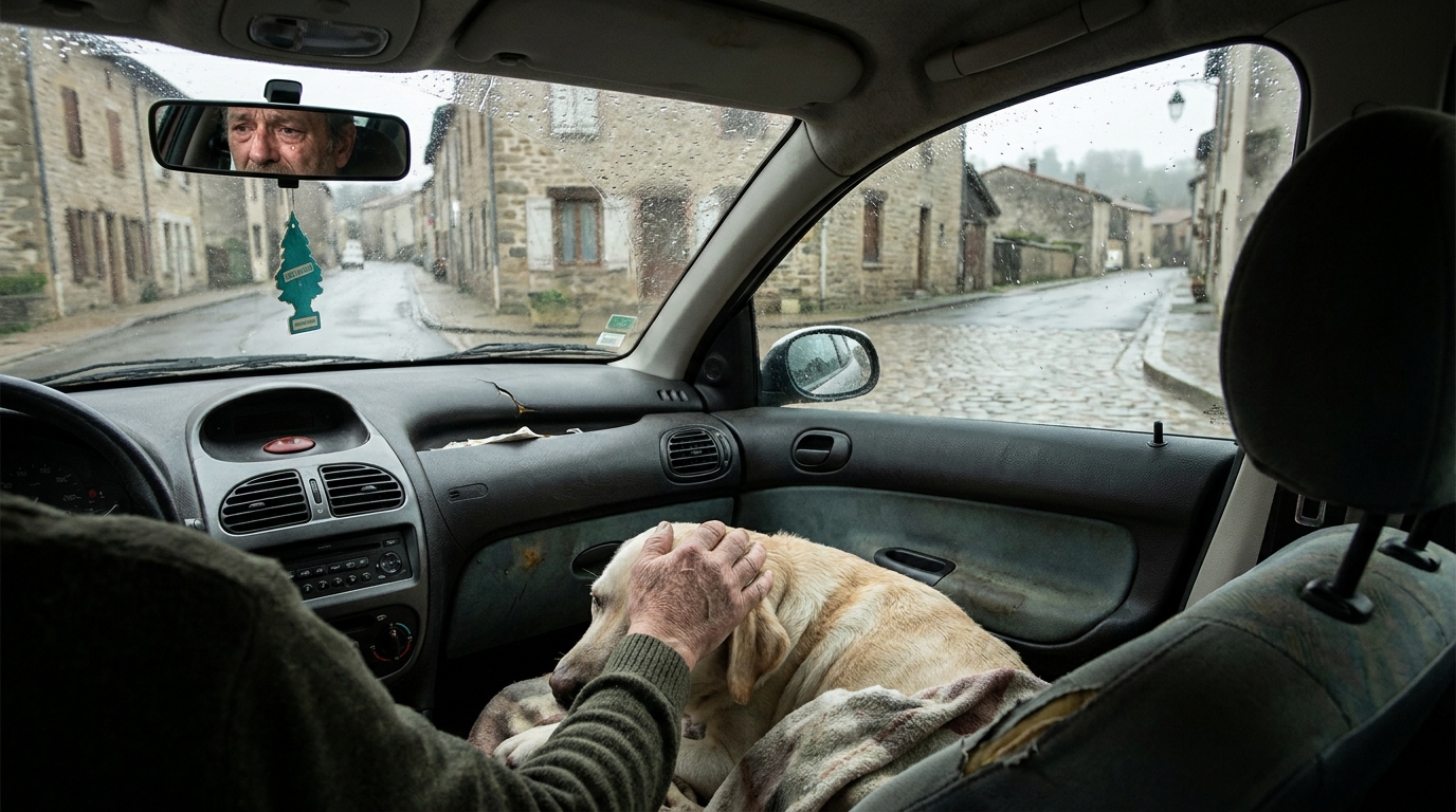 Un homme conduit sa voiture, le regard anxieux vers son chien assis à côté de lui, qui semble souffrir.