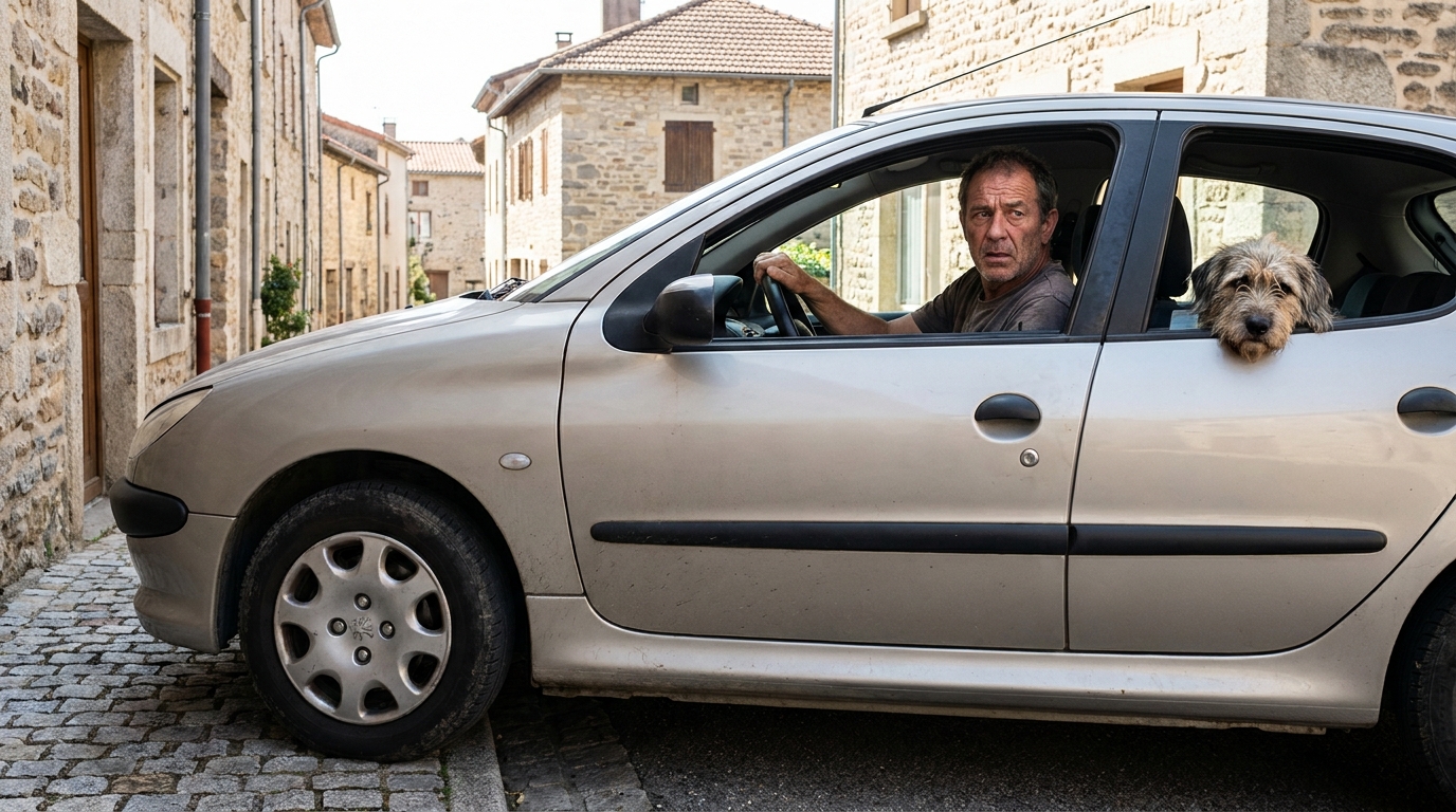 Un homme au volant de sa voiture, le visage inquiet, regarde son chien malade couché sur le siège passager, dans une rue de village français.