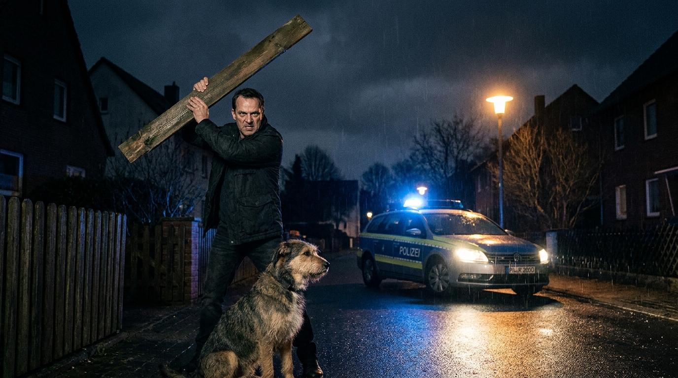 Scène nocturne où un homme lève une latte de bois sur un chien calme, symbolisant la cruauté animale et l'intervention nécessaire.