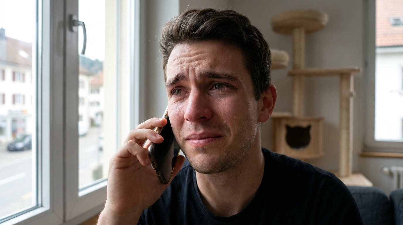 Un jeune homme au visage inquiet regarde son téléphone dans un appartement, espérant des nouvelles de son chat disparu.