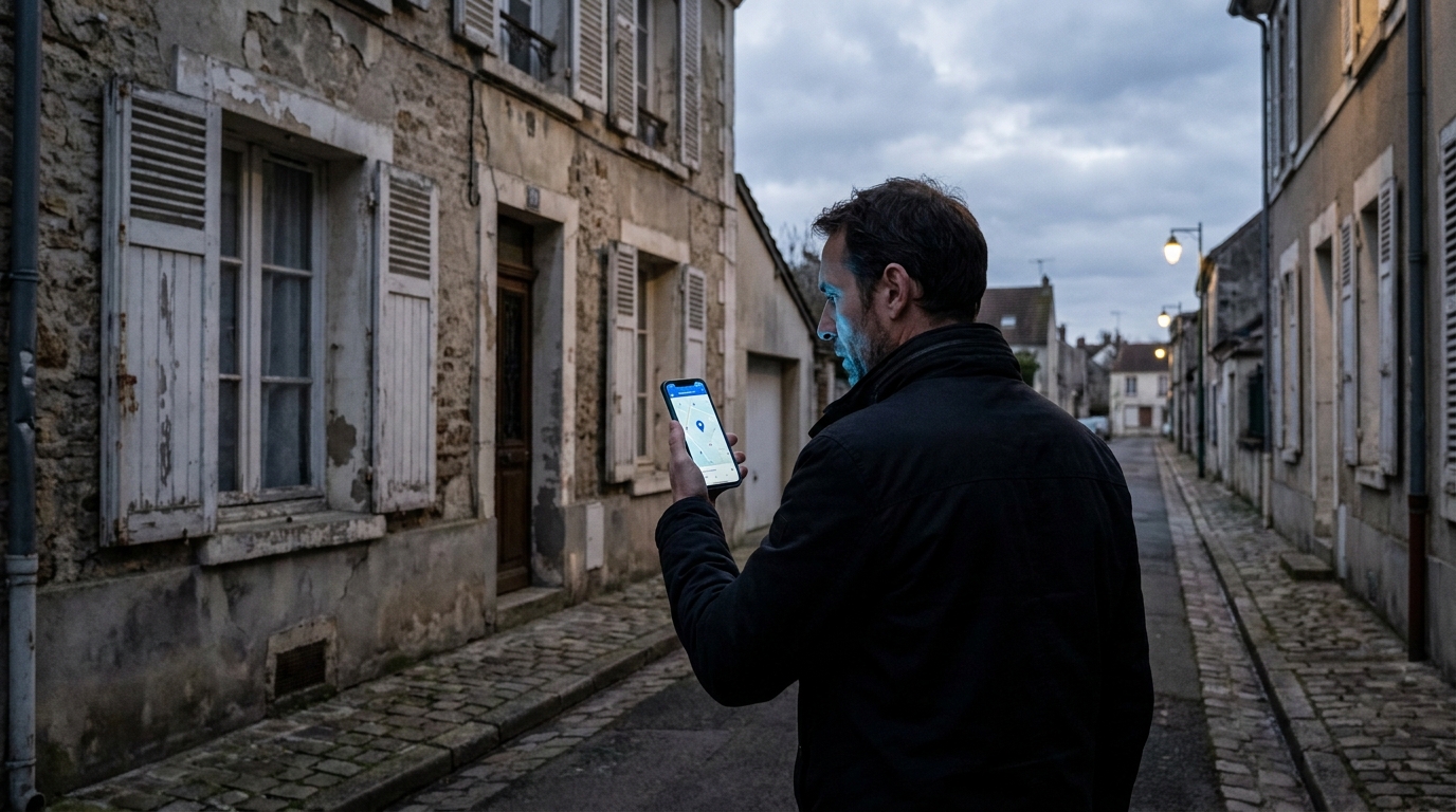 Un homme accroupi dans une ruelle, le cœur brisé, regardant un collier GPS pour chat qu'il tient dans sa main, symbolisant sa perte.