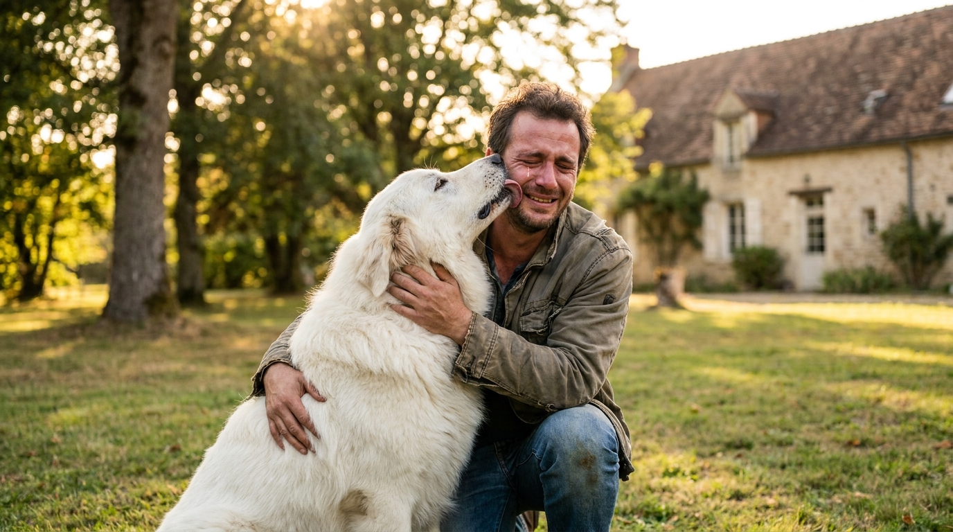 Un homme ému serre dans ses bras son grand chien blanc de race Grand Pyrénéen, leurs retrouvailles sont pleines de tendresse.