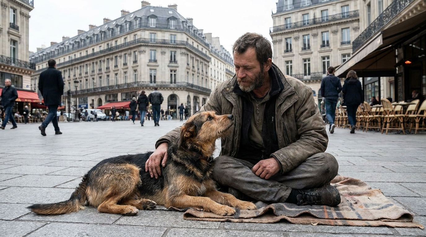 Un homme sans-abri est assis sur un trottoir en ville, son chien fidèle couché à ses côtés, illustrant le lien fort qui les unit.