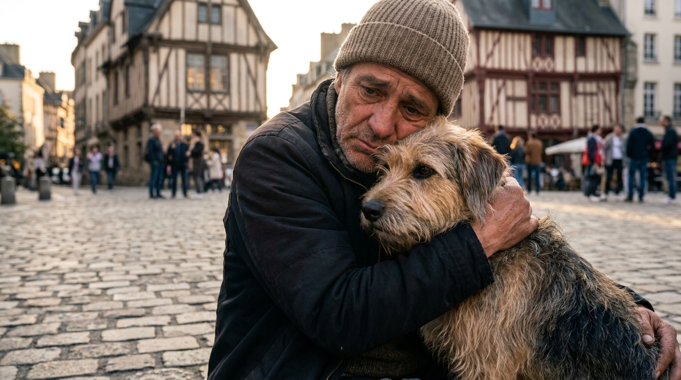 Un homme sans-abri assis sur un trottoir serre tendrement son chien dans ses bras, une scène touchante dans une rue de Rennes.