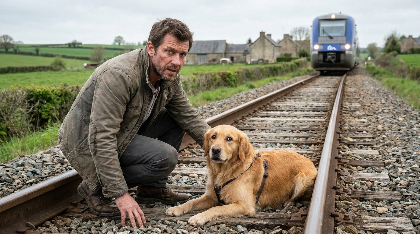 Un homme courageux sur une voie ferrée se penche pour secourir son chien terrorisé alors qu'un train approche au loin.