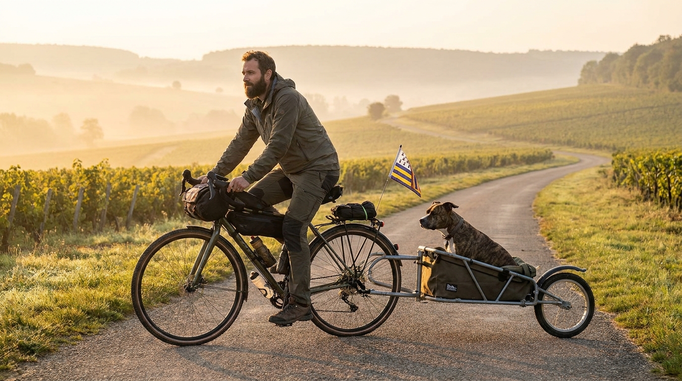 Un homme à vélo avec une remorque transportant son chien, un American Staffordshire Terrier, sur une route de campagne en France.