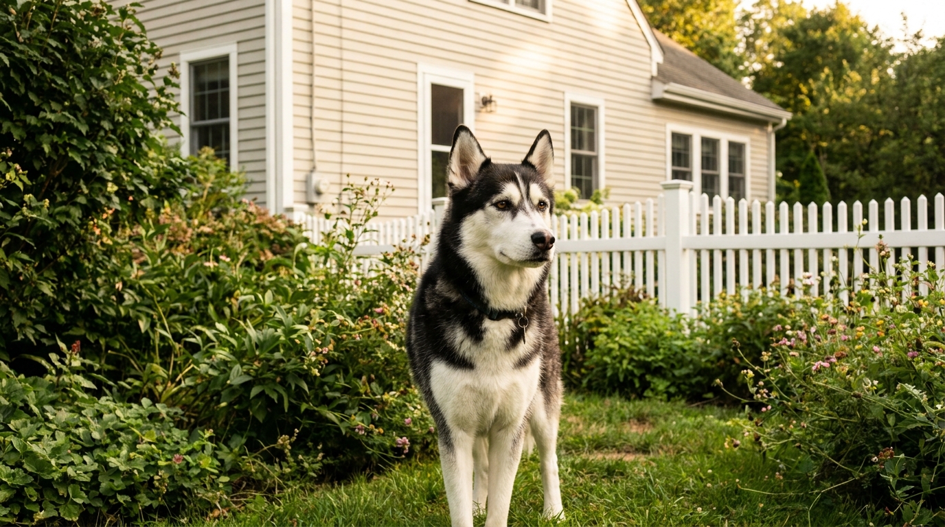 Un courageux husky se tenant fièrement dans un jardin de banlieue américaine, avec une expression alerte, symbolisant son acte héroïque.
