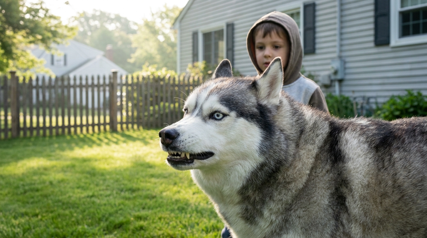 Une courageuse chienne husky se tient entre un jeune enfant et un ours noir dans le jardin d'une maison américaine.