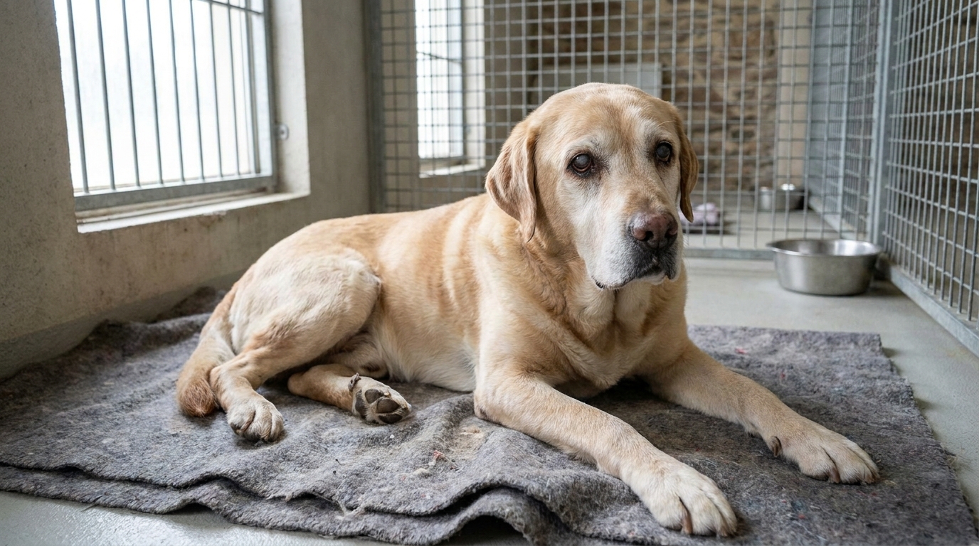 Un labrador âgé de couleur sable couché tristement sur une couverture dans un box de la SPA, le regard empreint de mélancolie.