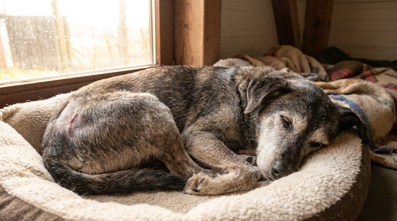 Une vieille chienne au regard doux se repose dans un panier douillet après son opération chirurgicale dans un refuge.