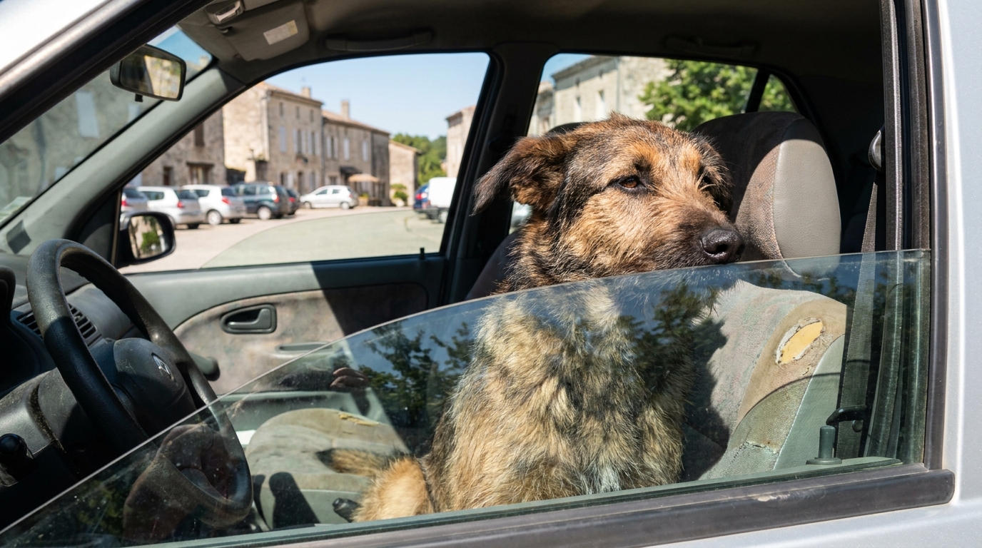 Un jeune chien de berger attend derrière la vitre d'une voiture garée au soleil, illustrant le danger de cette situation.