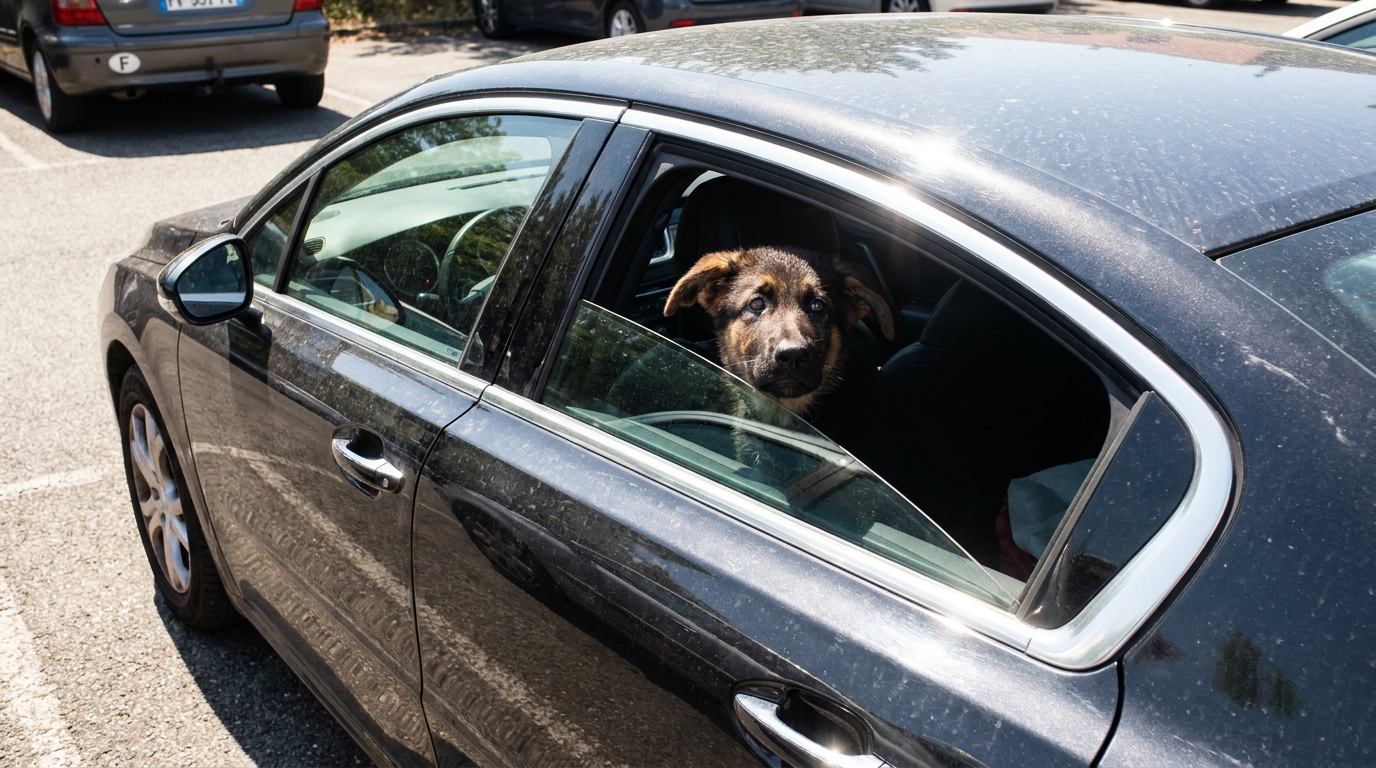 Un jeune chien de berger, l'air abattu, regarde à travers la vitre d'une voiture, symbolisant le drame de l'enfermement.