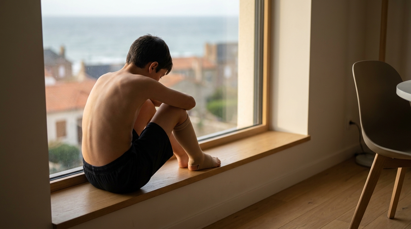 Un jeune garçon courageux regarde par la fenêtre d'un appartement français, sa jambe bandée, symbolisant la résilience après un drame.