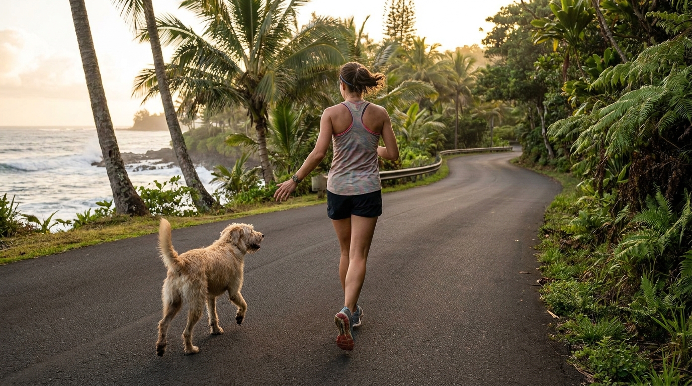 Une jeune femme en tenue de sport court sur une route à Hawaï, suivie de près par une chienne errante qui s'est calée sur son rythme.