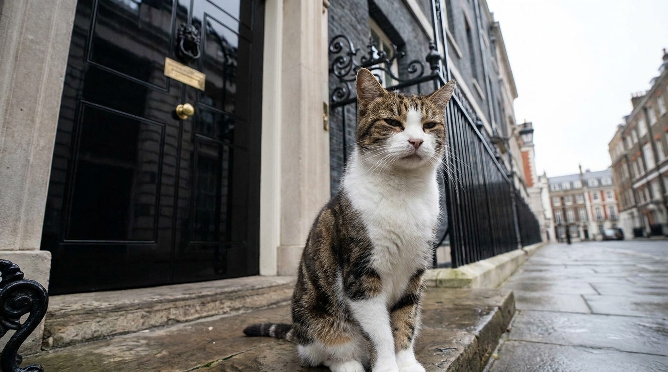 Larry, un chat tigré et blanc, est assis avec prestance sur le perron du 10 Downing Street, observant calmement la rue.