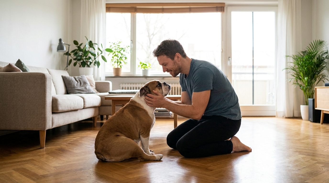 Lewis Hamilton, visiblement ému, serre tendrement son bouledogue anglais Roscoe dans ses bras, illustrant leur lien profond.