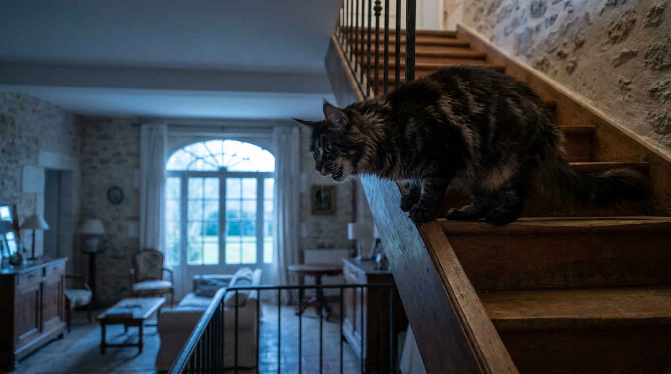 Un grand chat Maine Coon, assis sur un rebord de fenêtre, regarde attentivement dehors dans la pénombre d'une maison.
