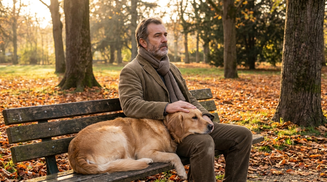 Un homme assis sur un banc à côté de son chien fidèle, regardant au loin dans une atmosphère de confidence et de mélancolie.